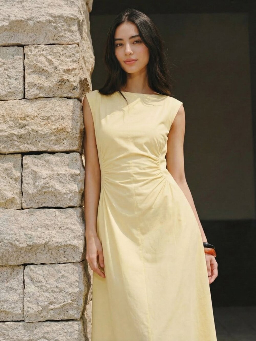 New York & Co Yellow Side Panel V-Neck Back Midi Dress - L